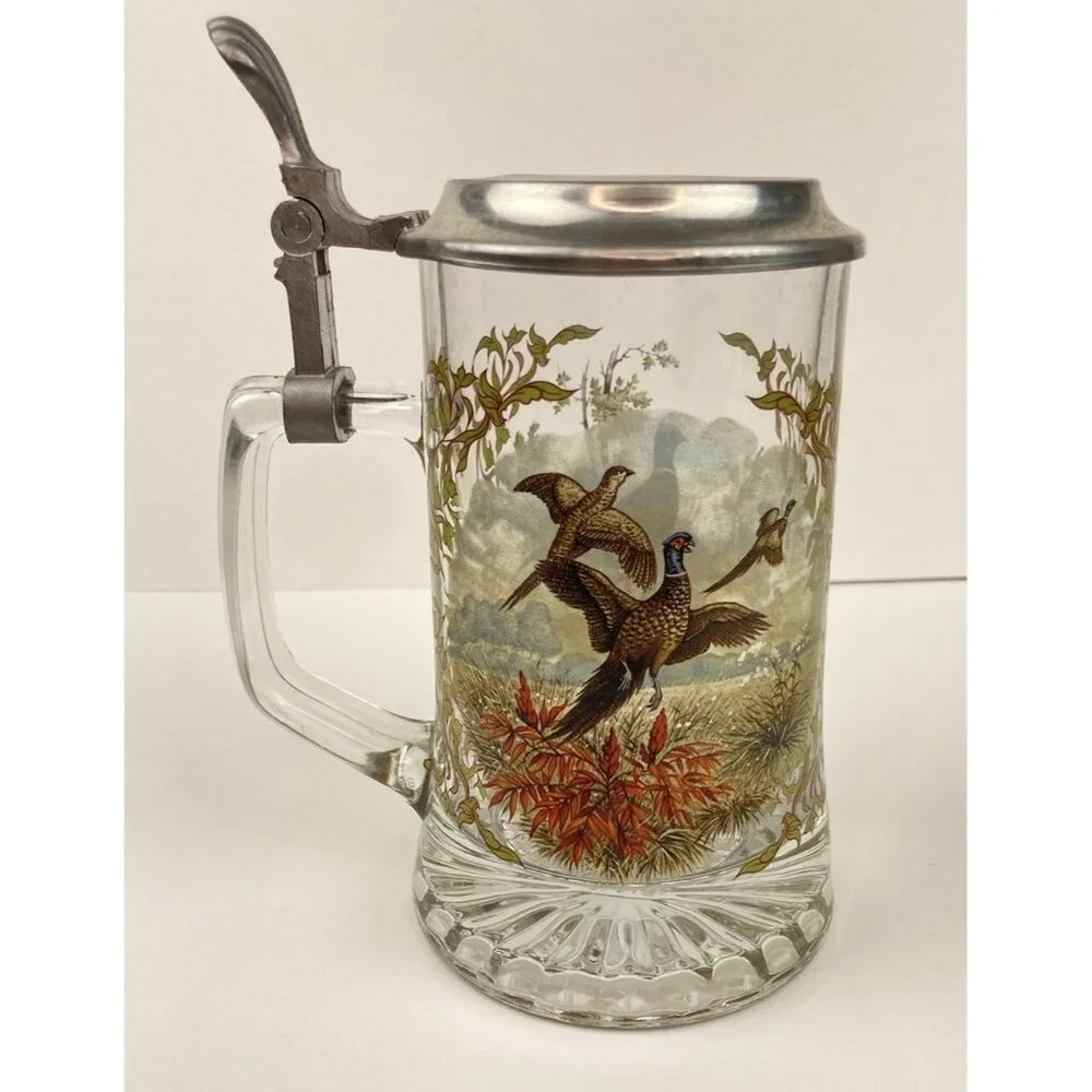 Set of 7 Vtg Glass Beer Stein Silver Top Colored Wildlife Forest Scene 6.5